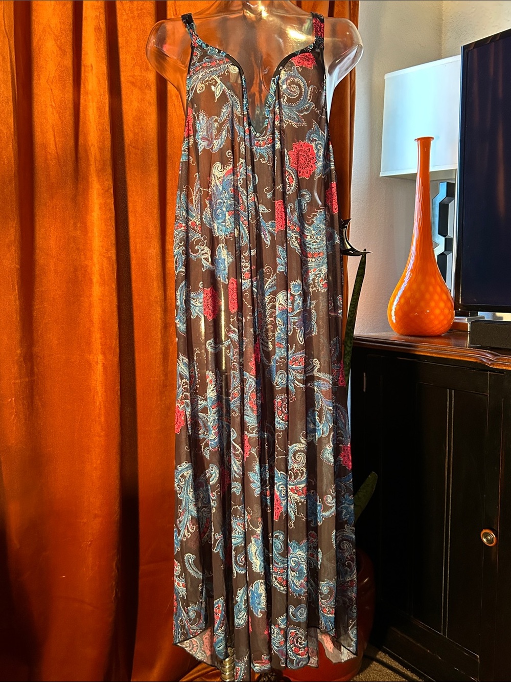Sleeveless Black Paisley Maxi Cover-up with Blue & Pink Accents